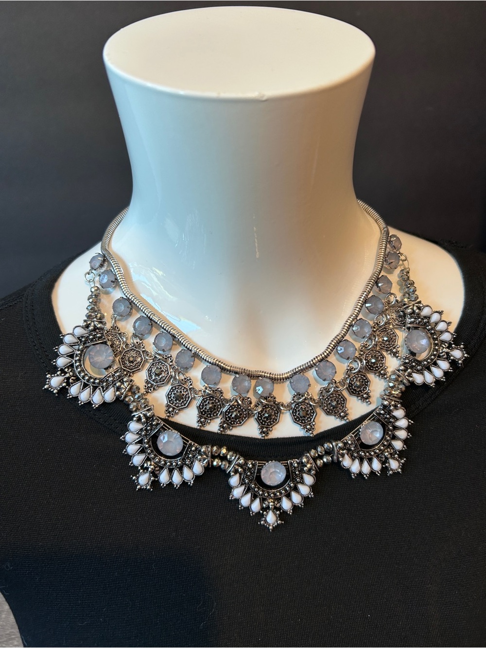 Silver-Tone White Stone Bib Necklace - Layered Statement